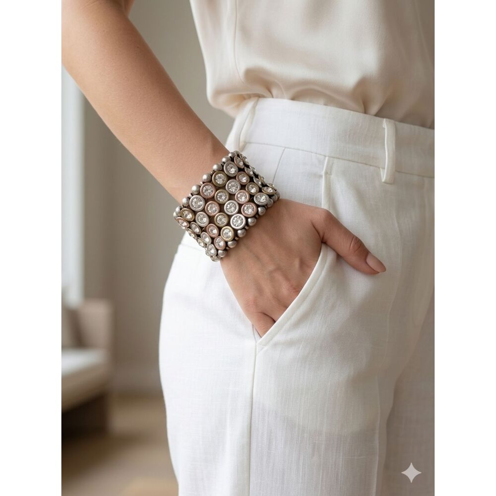 90s Lihly Statement Stretch Cuff Bracelet, Mixed Metal Artisan Layered Rhineston